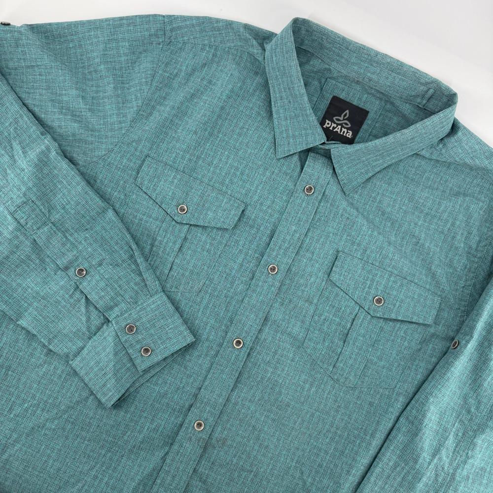 prAna Ascension Button Down Shirt Mens L Green Roll Tab Sleeve Heathered Hiking